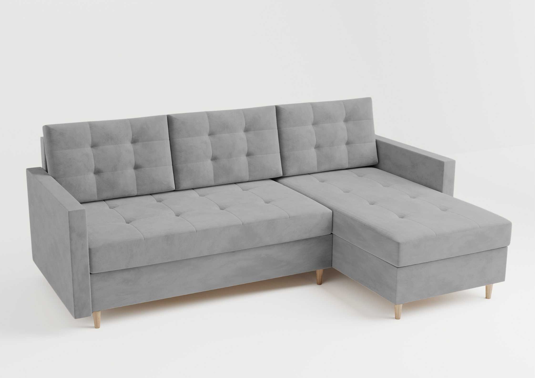 Pikowany narożnik skandynawski z funkcją spania na drewnianych nogach w kolorze szarym